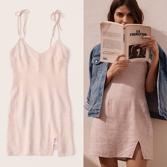 Abercrombie and Fitch Linen Blend Tan Striped Mini Dress NWT — M - Picture 1 of 8